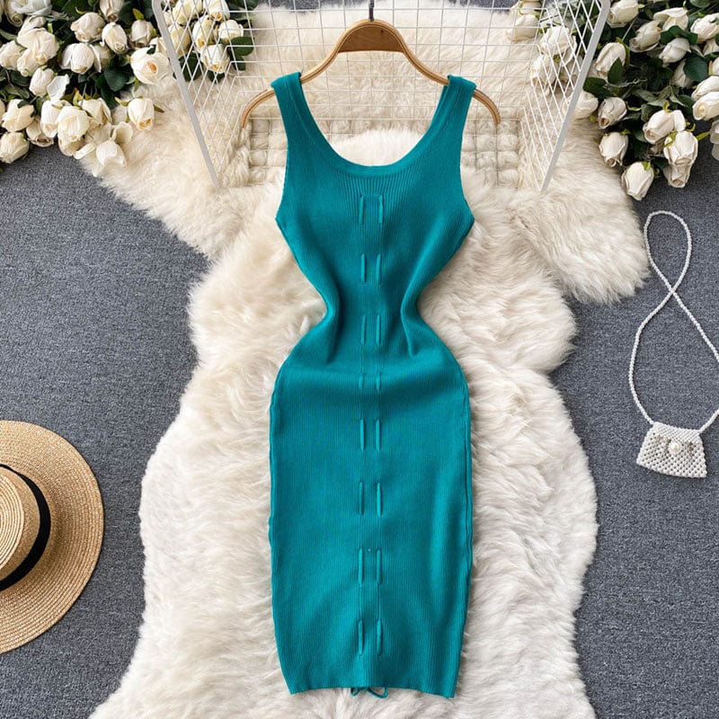 Summer Sexy V Neck Backless Thin Elastic Rib-Knit Drawstring Wrap Vest Dress Women Casual Chic Slim Bodycon Dresses Ladies