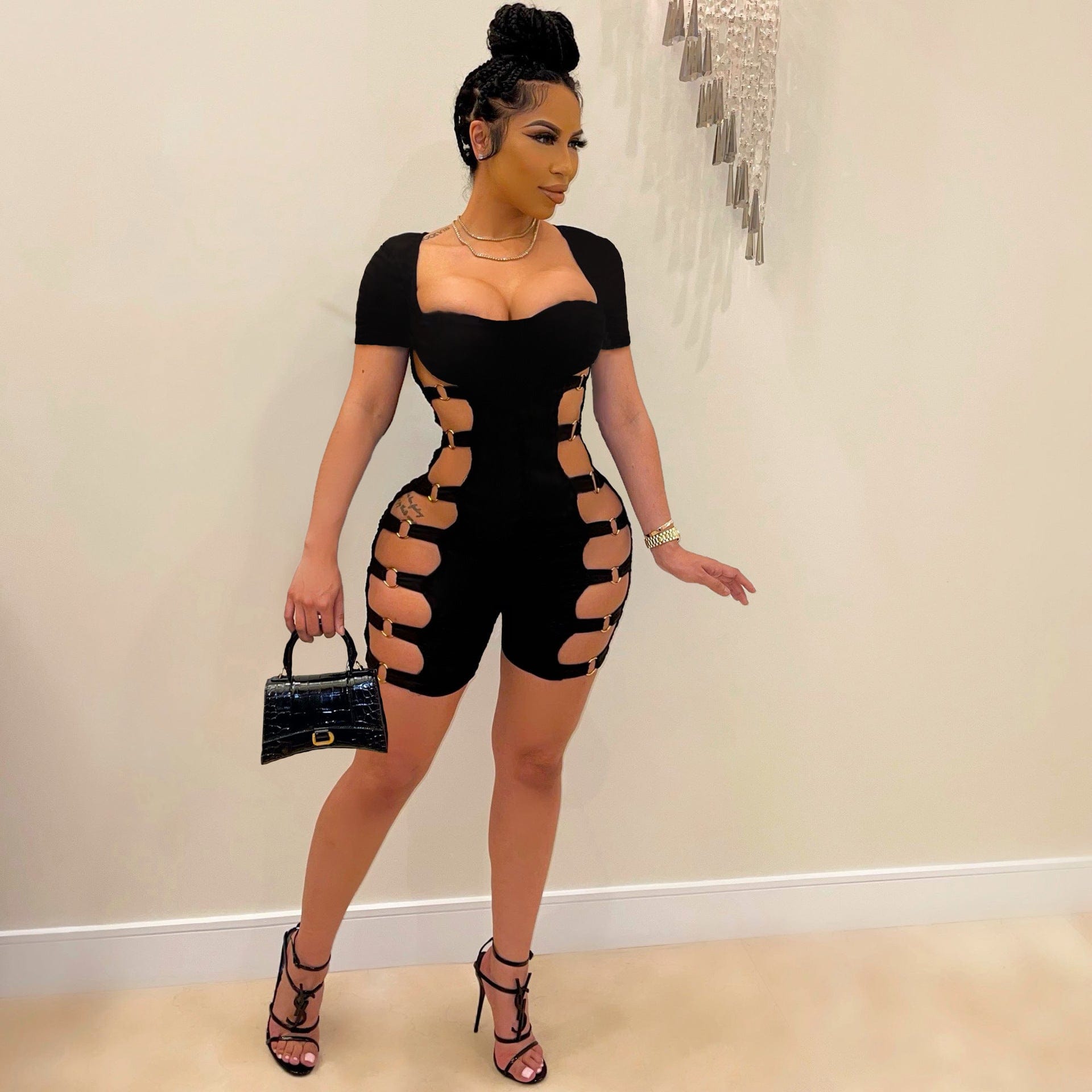 Summer Short Casual Sport Jumpsuit Side Hollow Out One Piece Jumpsuit For Girls Bodycon Playsuit