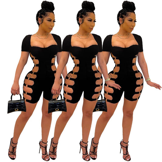 Summer Short Casual Sport Jumpsuit Side Hollow Out One Piece Jumpsuit For Girls Bodycon Playsuit