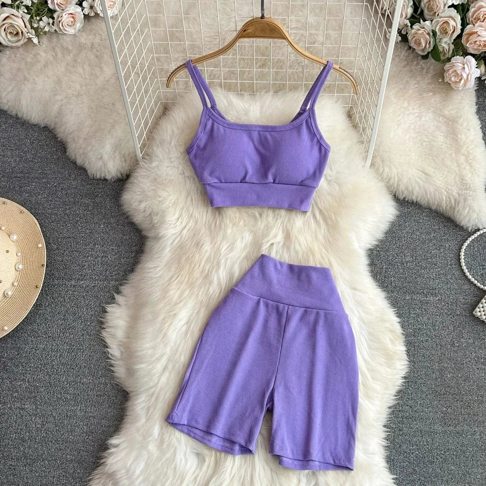 Summer Sports Fashion Suit Women Yoga Halter Undershirt Shorts Two Piece Set