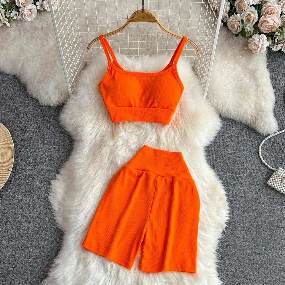 Summer Sports Fashion Suit Women Yoga Halter Undershirt Shorts Two Piece Set