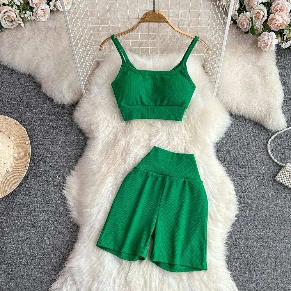 Summer Sports Fashion Suit Women Yoga Halter Undershirt Shorts Two Piece Set