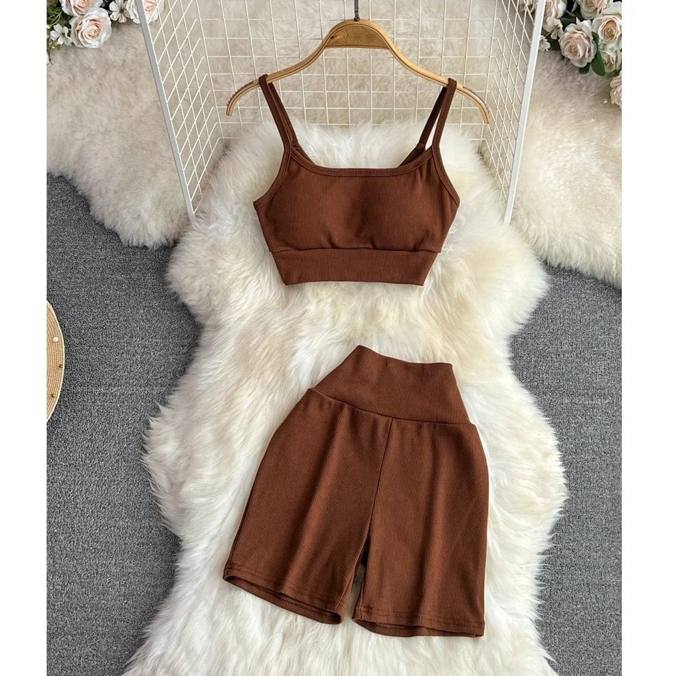 Summer Sports Fashion Suit Women Yoga Halter Undershirt Shorts Two Piece Set