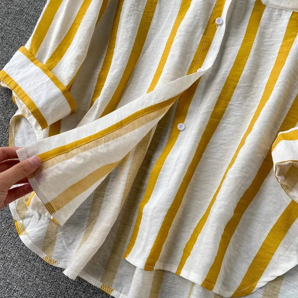 Summer Spring  Autumn New Mid-length Vertical Stripes Multi-color Shirt Coat Female Korean Version Casual Loose T-shirt Coat