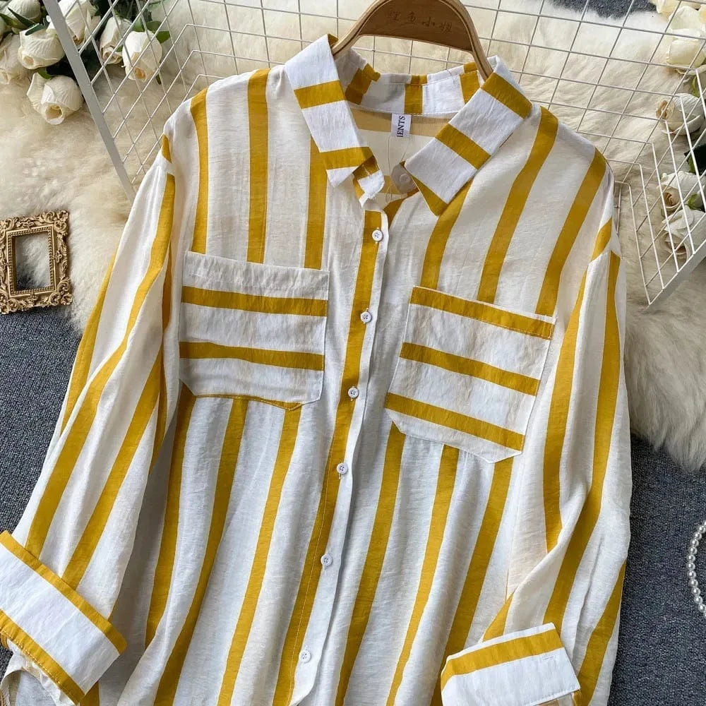 Summer Spring  Autumn New Mid-length Vertical Stripes Multi-color Shirt Coat Female Korean Version Casual Loose T-shirt Coat