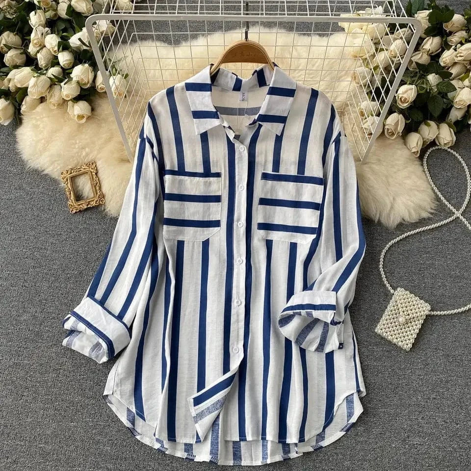 Summer Spring  Autumn New Mid-length Vertical Stripes Multi-color Shirt Coat Female Korean Version Casual Loose T-shirt Coat