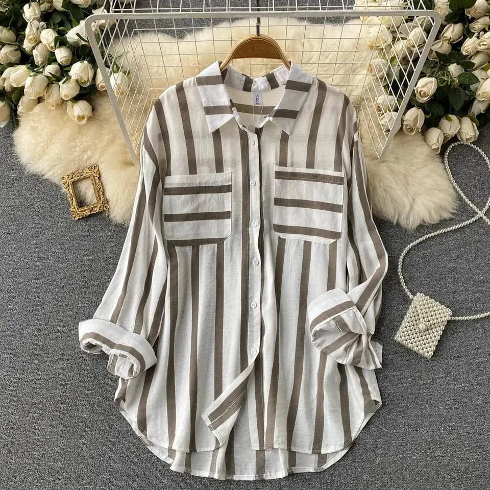 Summer Spring  Autumn New Mid-length Vertical Stripes Multi-color Shirt Coat Female Korean Version Casual Loose T-shirt Coat