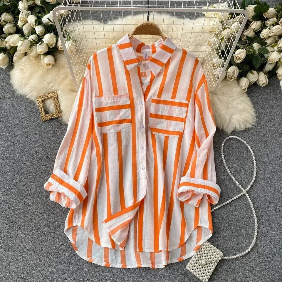 Summer Spring  Autumn New Mid-length Vertical Stripes Multi-color Shirt Coat Female Korean Version Casual Loose T-shirt Coat