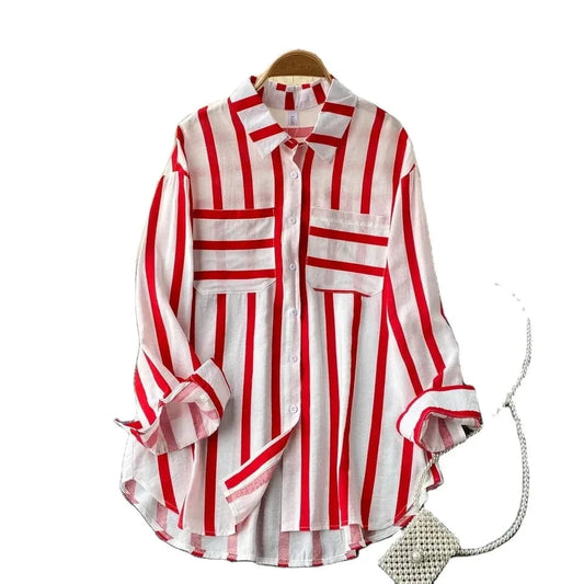 Summer Spring  Autumn New Mid-length Vertical Stripes Multi-color Shirt Coat Female Korean Version Casual Loose T-shirt Coat