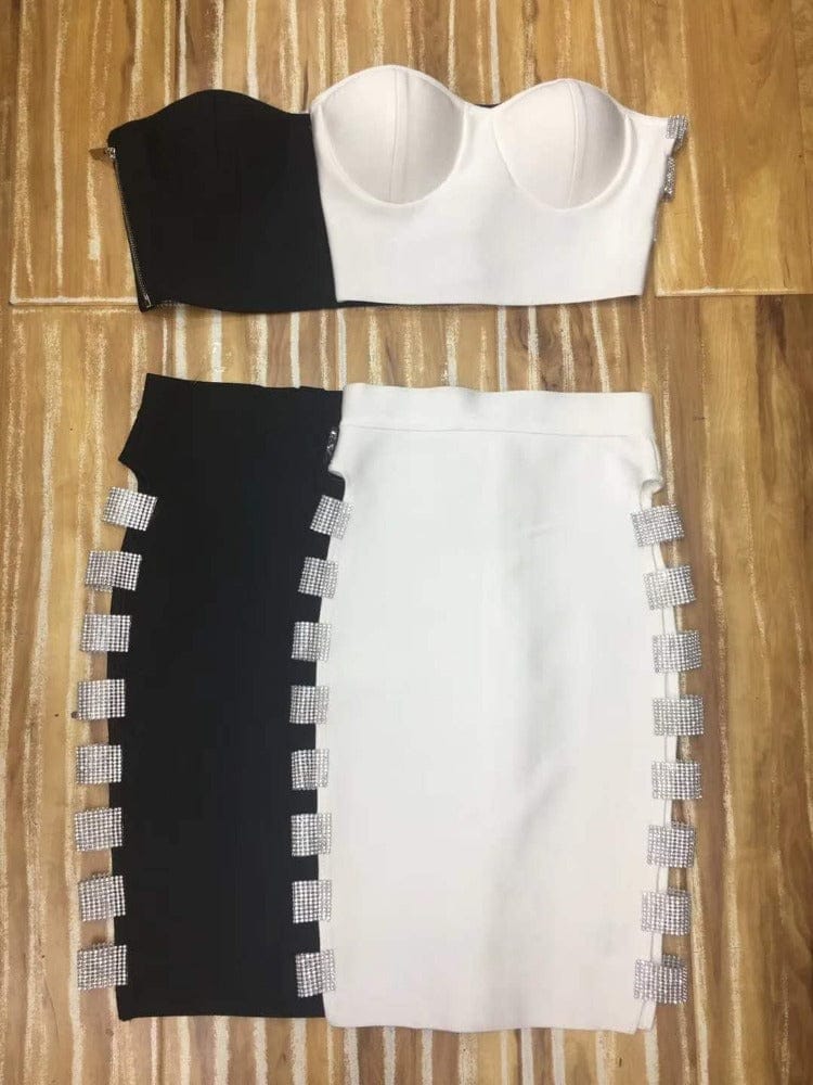 Summer Top Quality Celebrity Black White 2 Pieces Set Side Hollow Out Party Fashion Rayon Bandage Dress
