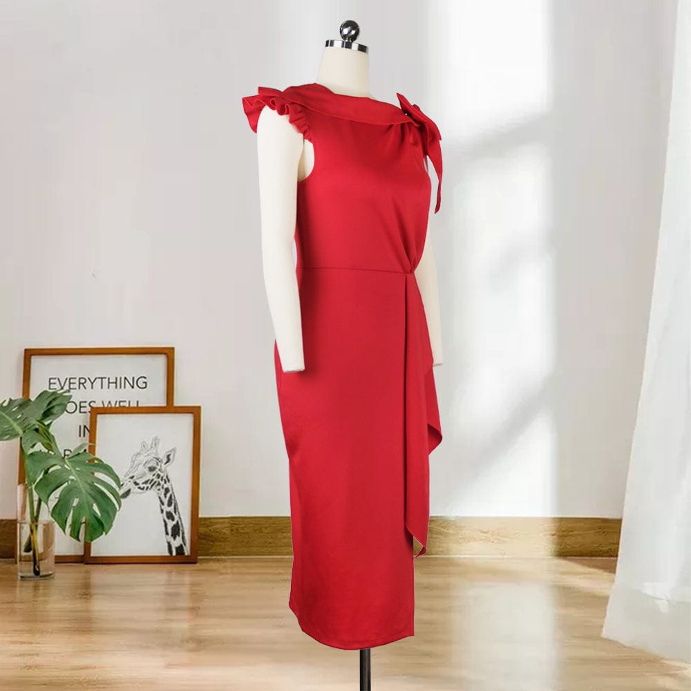 Summer Trendy Red Elegant Bowtie Ruffle Party Lady Career Office Dress