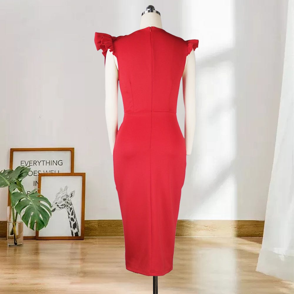 Summer Trendy Red Elegant Bowtie Ruffle Party Lady Career Office Dress