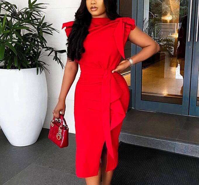 Summer Trendy Red Elegant Bowtie Ruffle Party Lady Career Office Dress