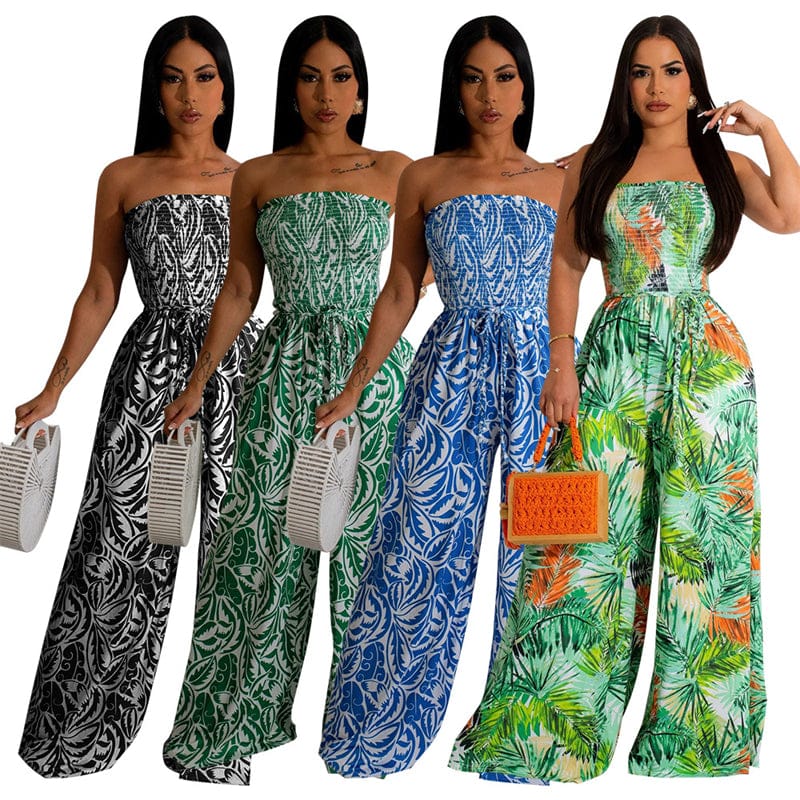 summer tube top sleeveless sexy floral print elegant loose long flare pants romper jumpsuit women sexy beach clothing outfit