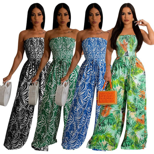summer tube top sleeveless sexy floral print elegant loose long flare pants romper jumpsuit women sexy beach clothing outfit