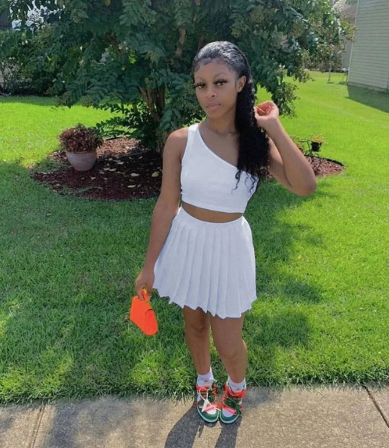 Summer Two Piece Skirt Set Women Clothing Tracksuit One Shoulder Top Pleated Skirt 2 Piece Tennis Skirt Outfits