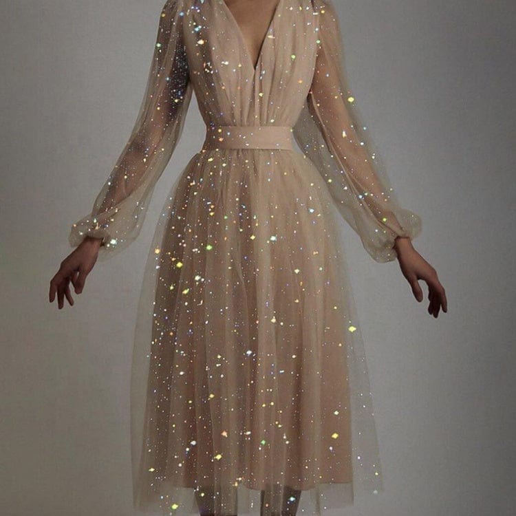 Summer V-neck Lantern Long Sleeve Women Dresses Sequined Mesh Tulle  Knee-high Clothing Lady Elegant Evening Dress
