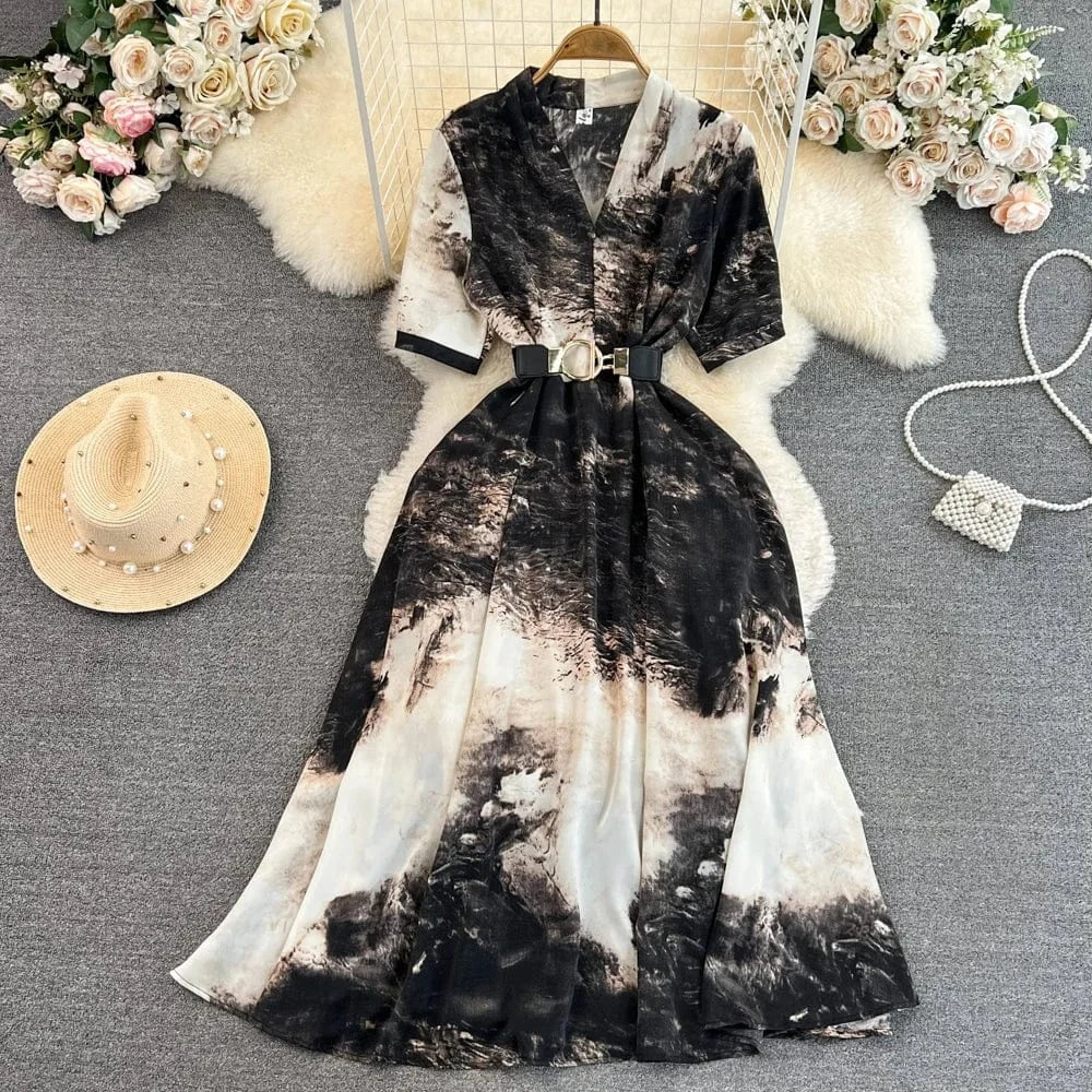 Summer Vintage Short Sleeve V-Neck Waisted a-Line Printed Elegant Long Casual Dresses