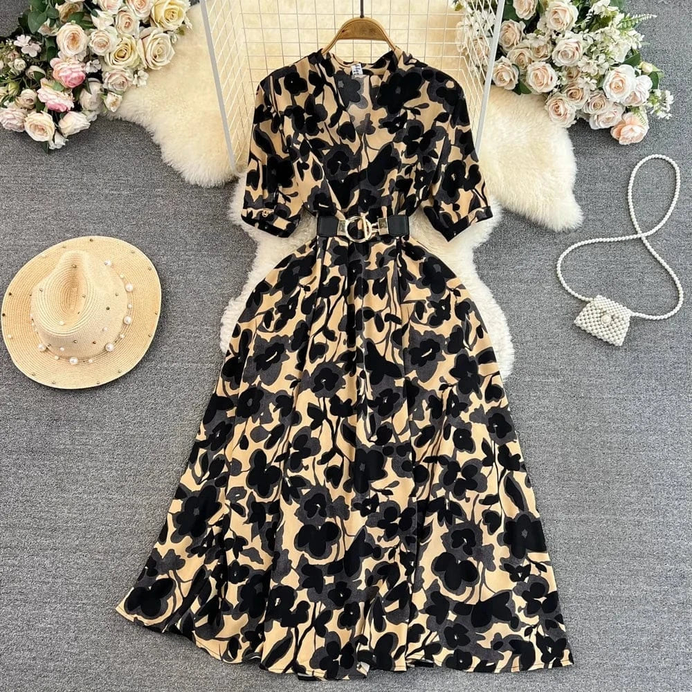 Summer Vintage Short Sleeve V-Neck Waisted a-Line Printed Elegant Long Casual Dresses