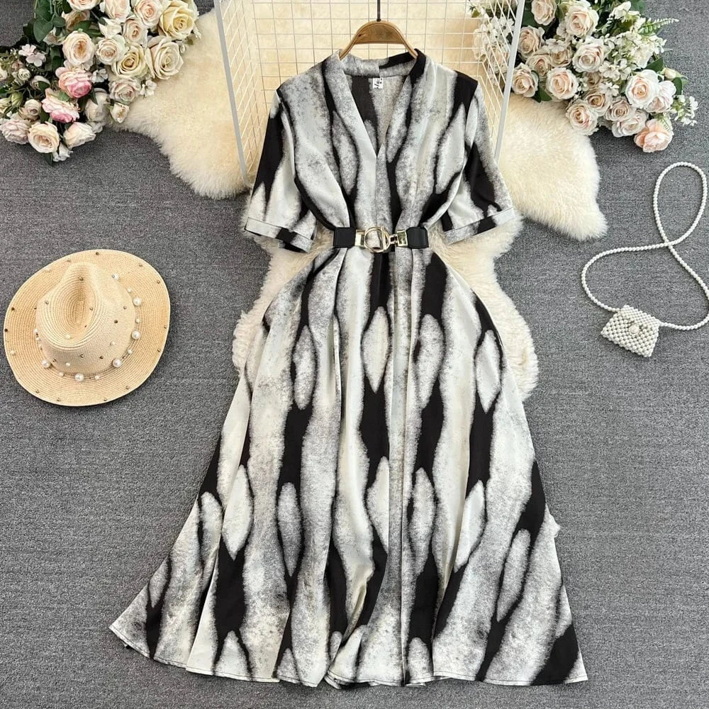 Summer Vintage Short Sleeve V-Neck Waisted a-Line Printed Elegant Long Casual Dresses