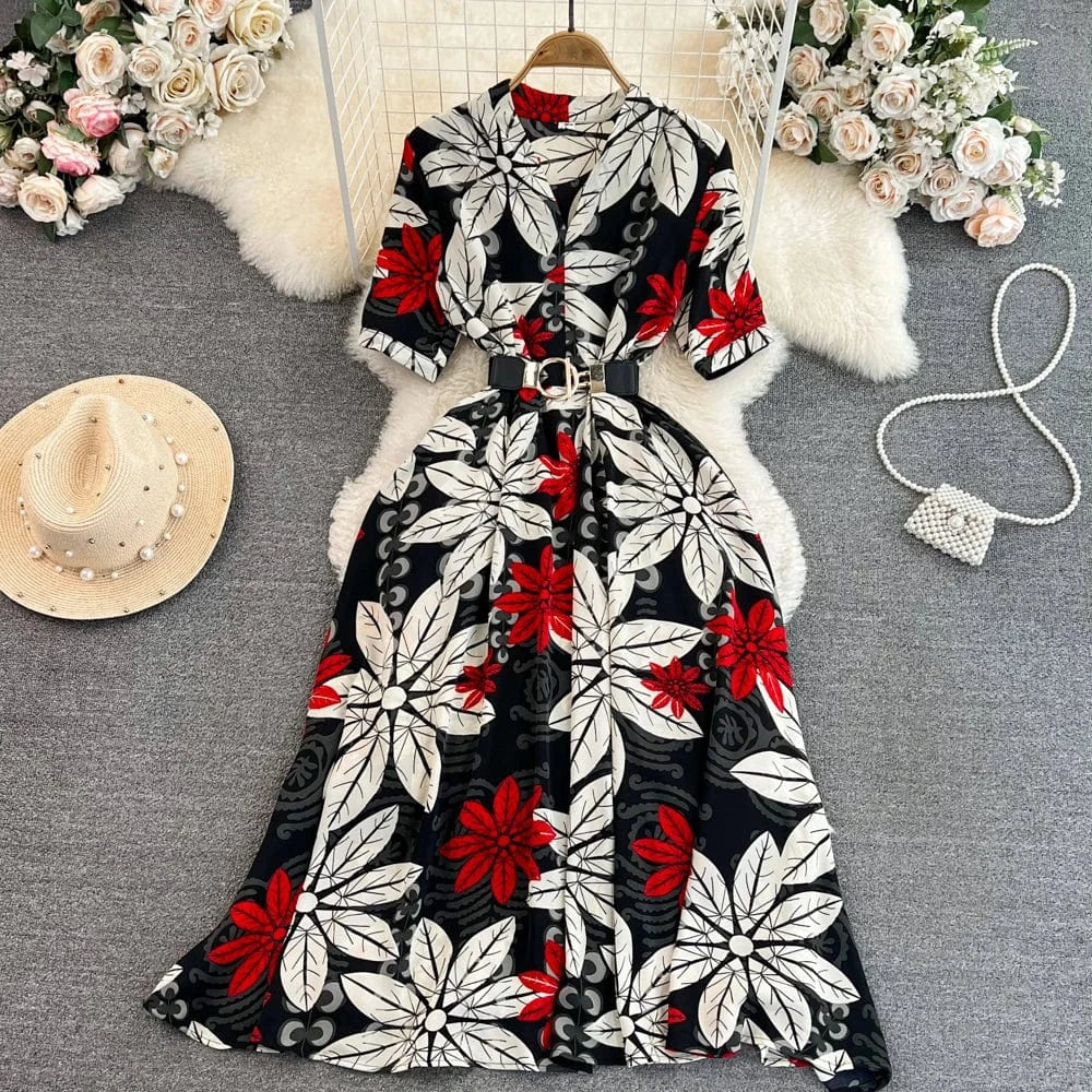 Summer Vintage Short Sleeve V-Neck Waisted a-Line Printed Elegant Long Casual Dresses