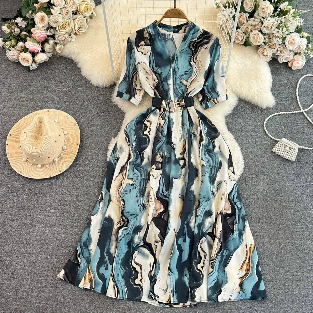 Summer Vintage Short Sleeve V-Neck Waisted a-Line Printed Elegant Long Casual Dresses