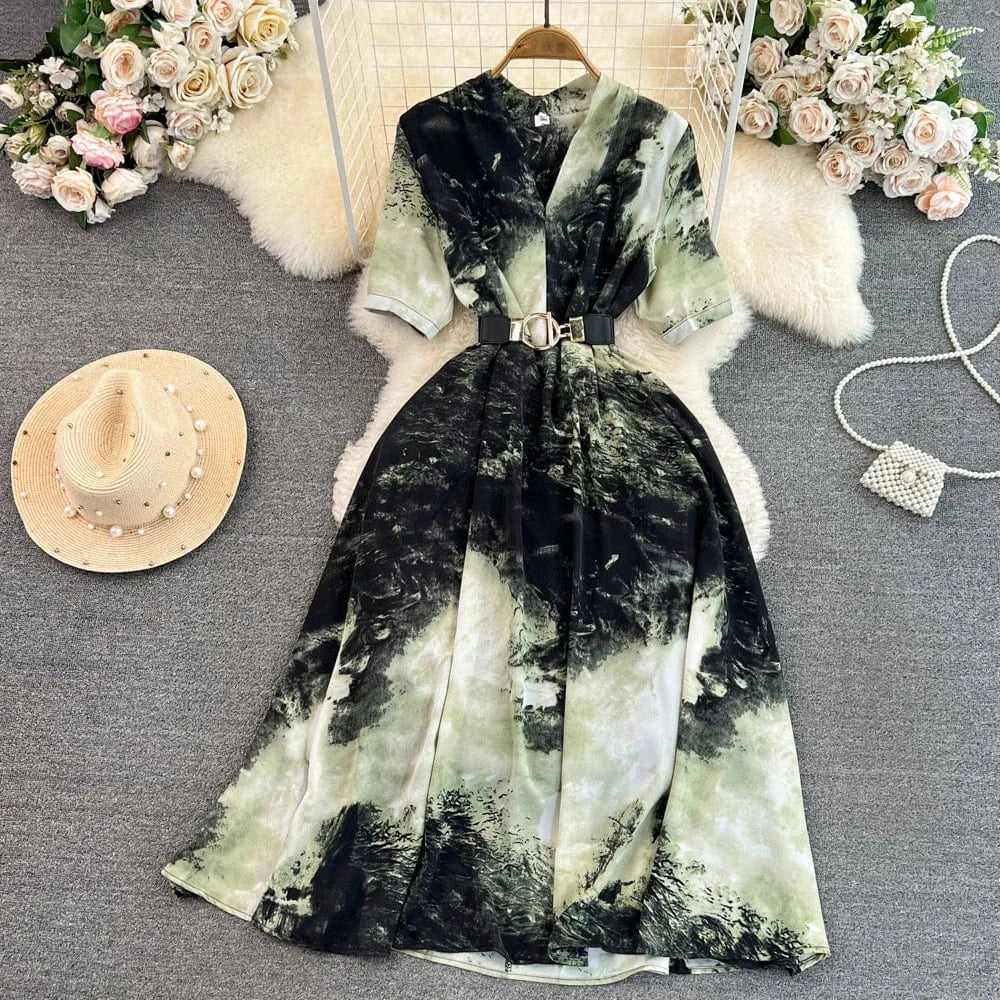 Summer Vintage Short Sleeve V-Neck Waisted a-Line Printed Elegant Long Casual Dresses