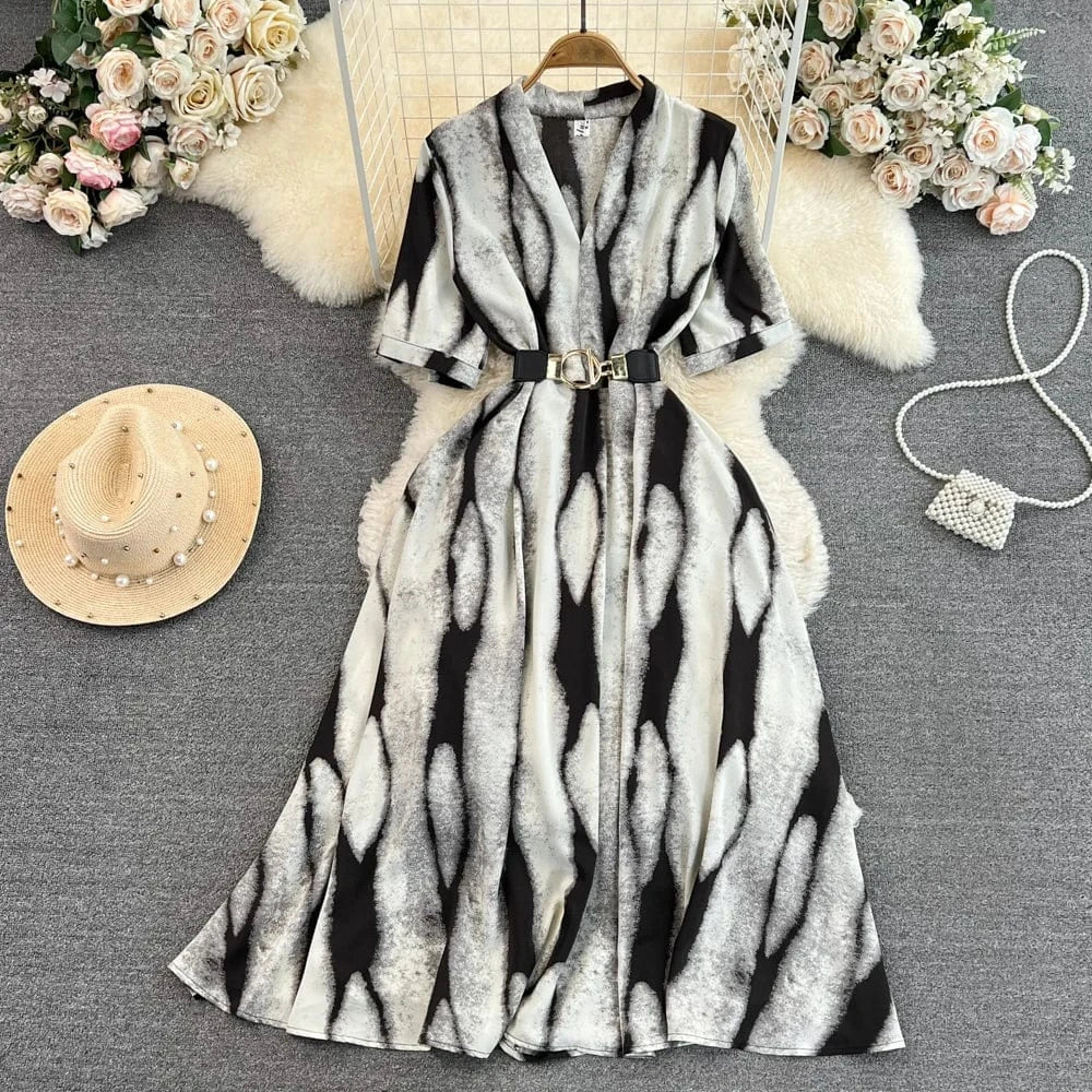 Summer Vintage Short Sleeve V-Neck Waisted a-Line Printed Elegant Long Casual Dresses