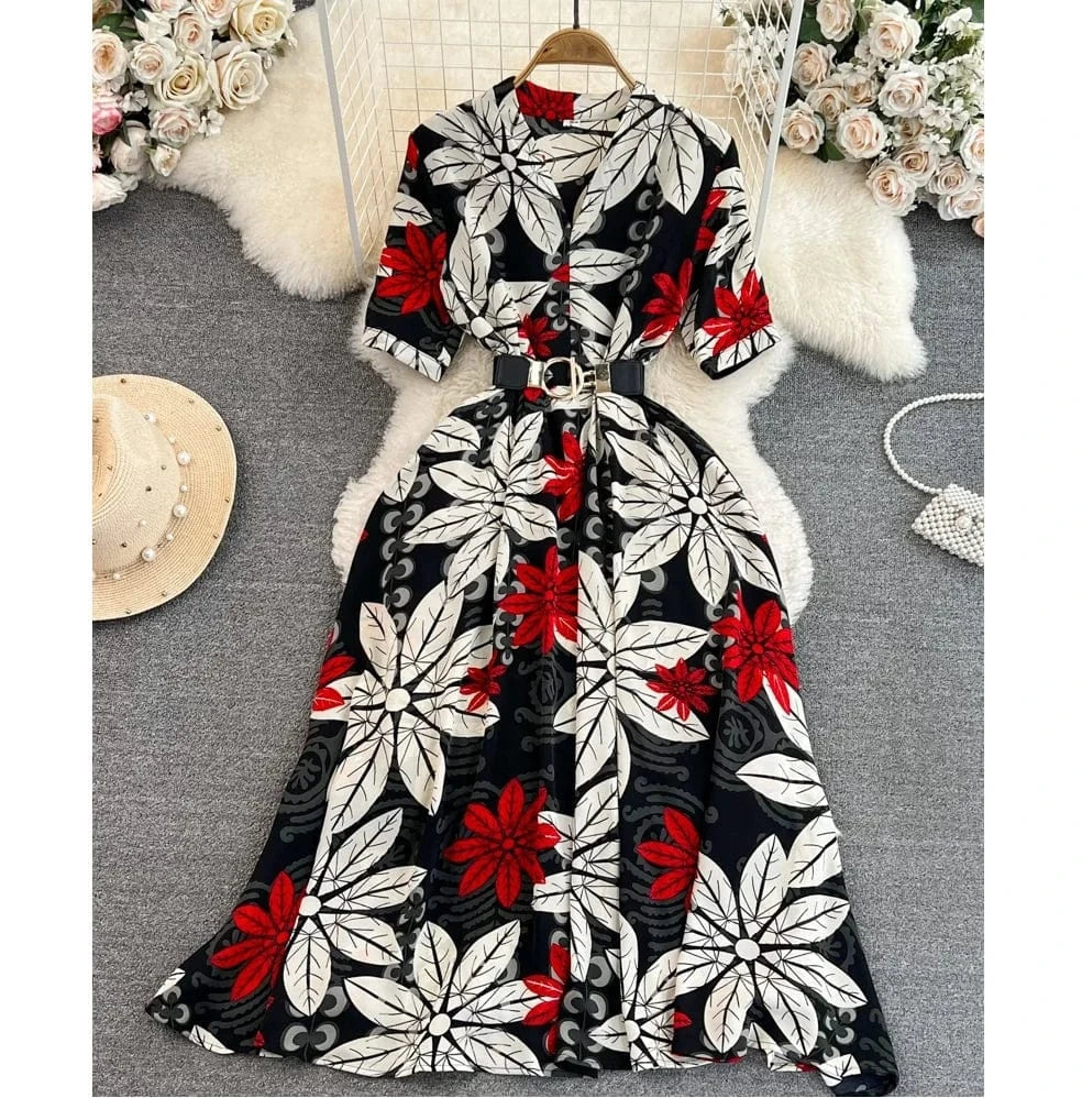 Summer Vintage Short Sleeve V-Neck Waisted a-Line Printed Elegant Long Casual Dresses