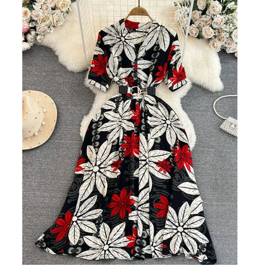 Summer Vintage Short Sleeve V-Neck Waisted a-Line Printed Elegant Long Casual Dresses