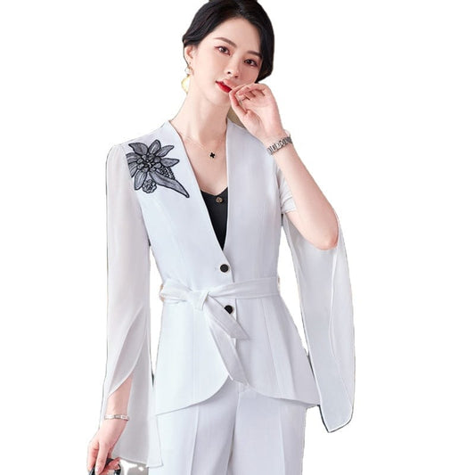 Summer Wear OEM Wholesale 2 piece Set High-quality Women Pant Suit Fashion Slit Sleeves Lady Office Blazer and Trousers