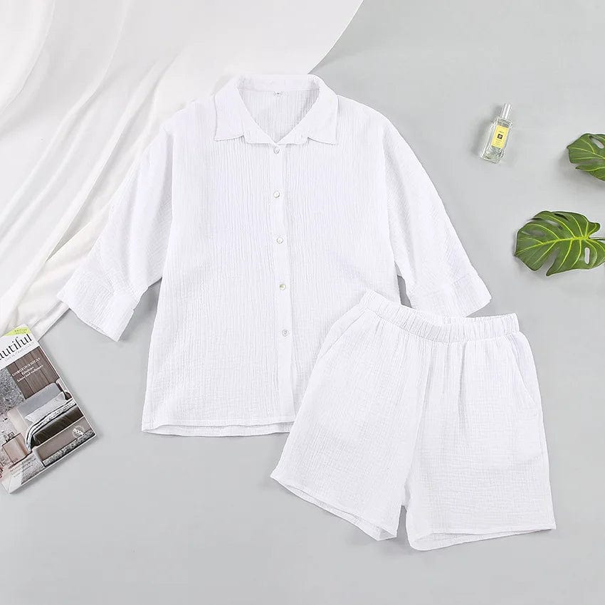 Summer White Brown button up women long sleeve shirts and shorts Lounge wear 2 pieces sets for ladies