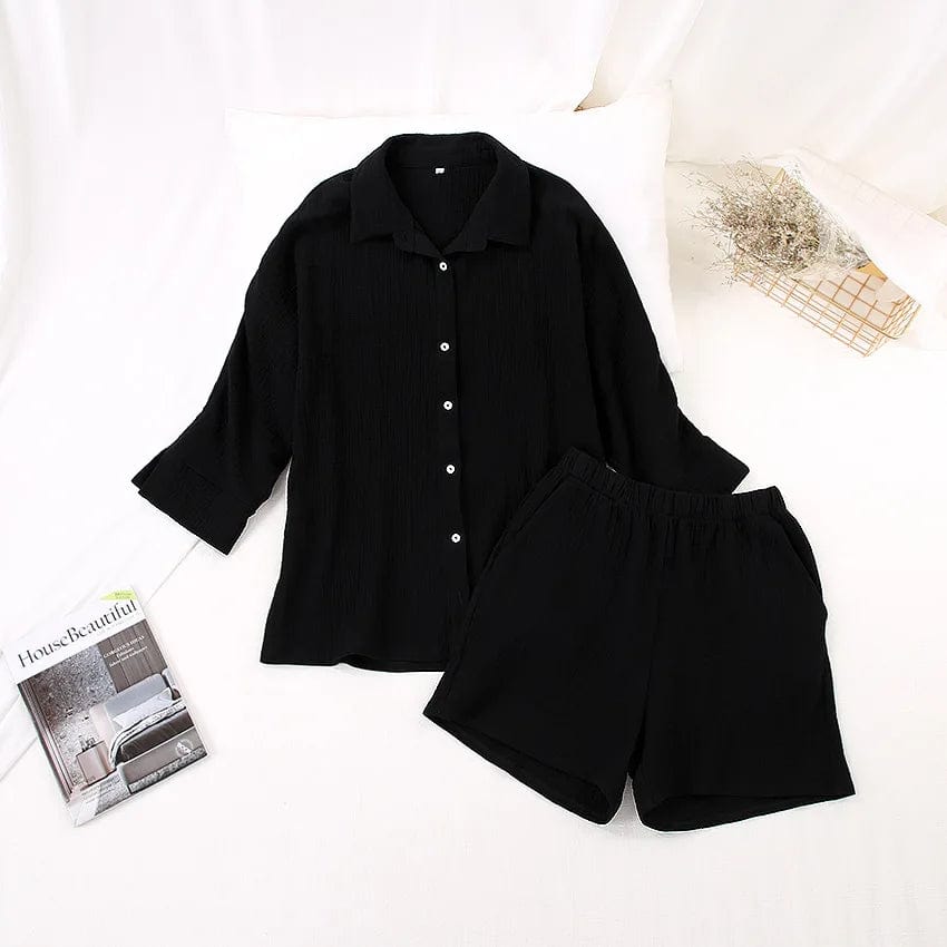 Summer White Brown button up women long sleeve shirts and shorts Lounge wear 2 pieces sets for ladies