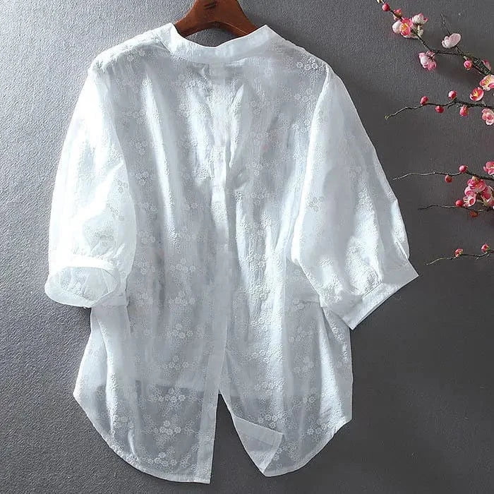 Summer White Cotton Embroidery V-neck Pullover All-match Casual Short mid Sleeve Sunscreen Shirt
