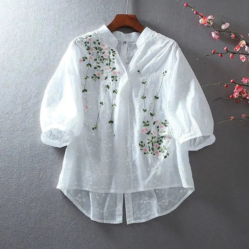 Summer White Cotton Embroidery V-neck Pullover All-match Casual Short mid Sleeve Sunscreen Shirt