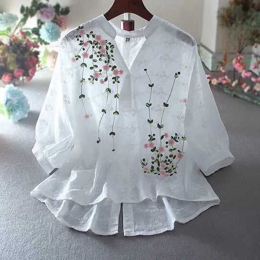 Summer White Cotton Embroidery V-neck Pullover All-match Casual Short mid Sleeve Sunscreen Shirt
