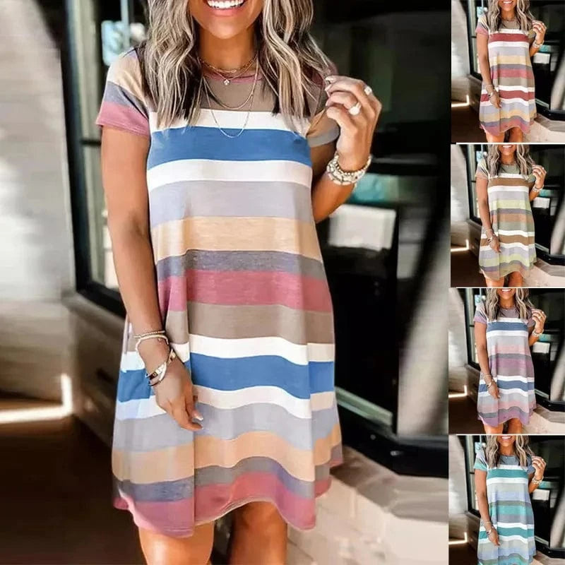 Summer Wholesale Hot Selling Loose Casual Striped Printed Short Sleeved Women's Short Dresses