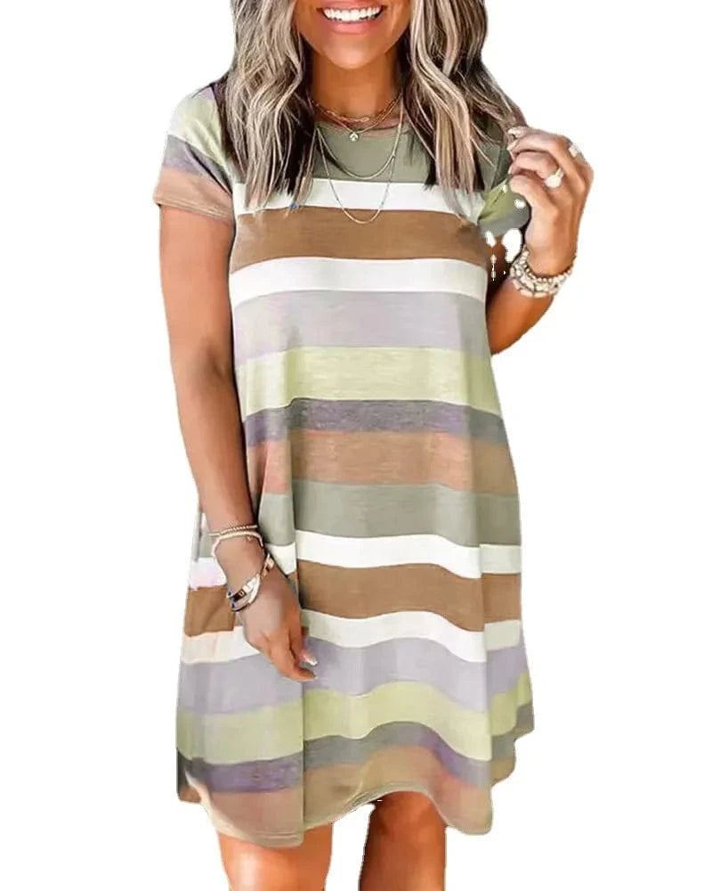 Summer Wholesale Hot Selling Loose Casual Striped Printed Short Sleeved Women's Short Dresses