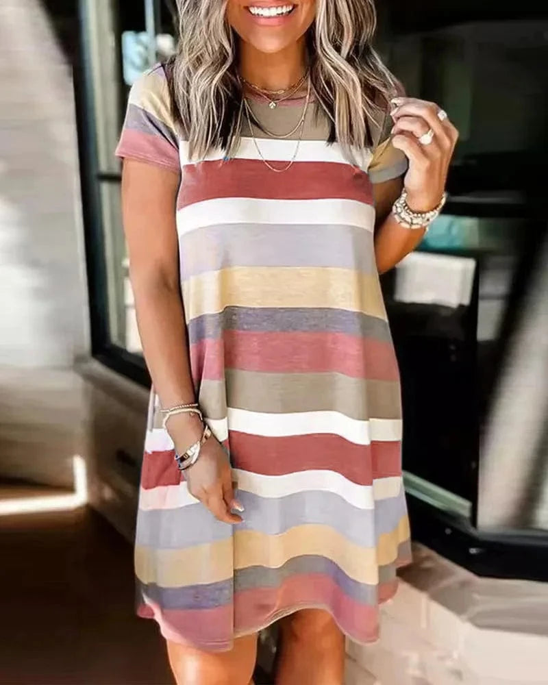 Summer Wholesale Hot Selling Loose Casual Striped Printed Short Sleeved Women's Short Dresses