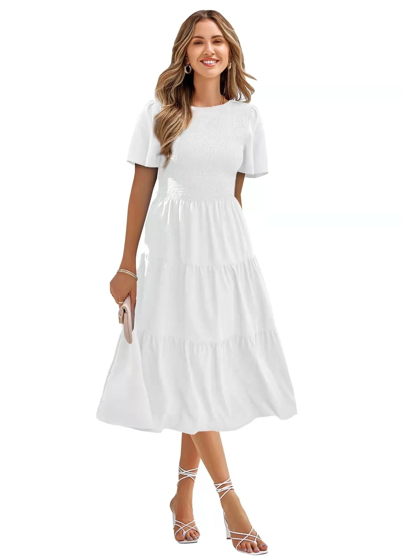 Summer Wholesale Lady Elegant Casual Long Dresses Short Sleeve Round Collar Women's Beach Holiday Dress