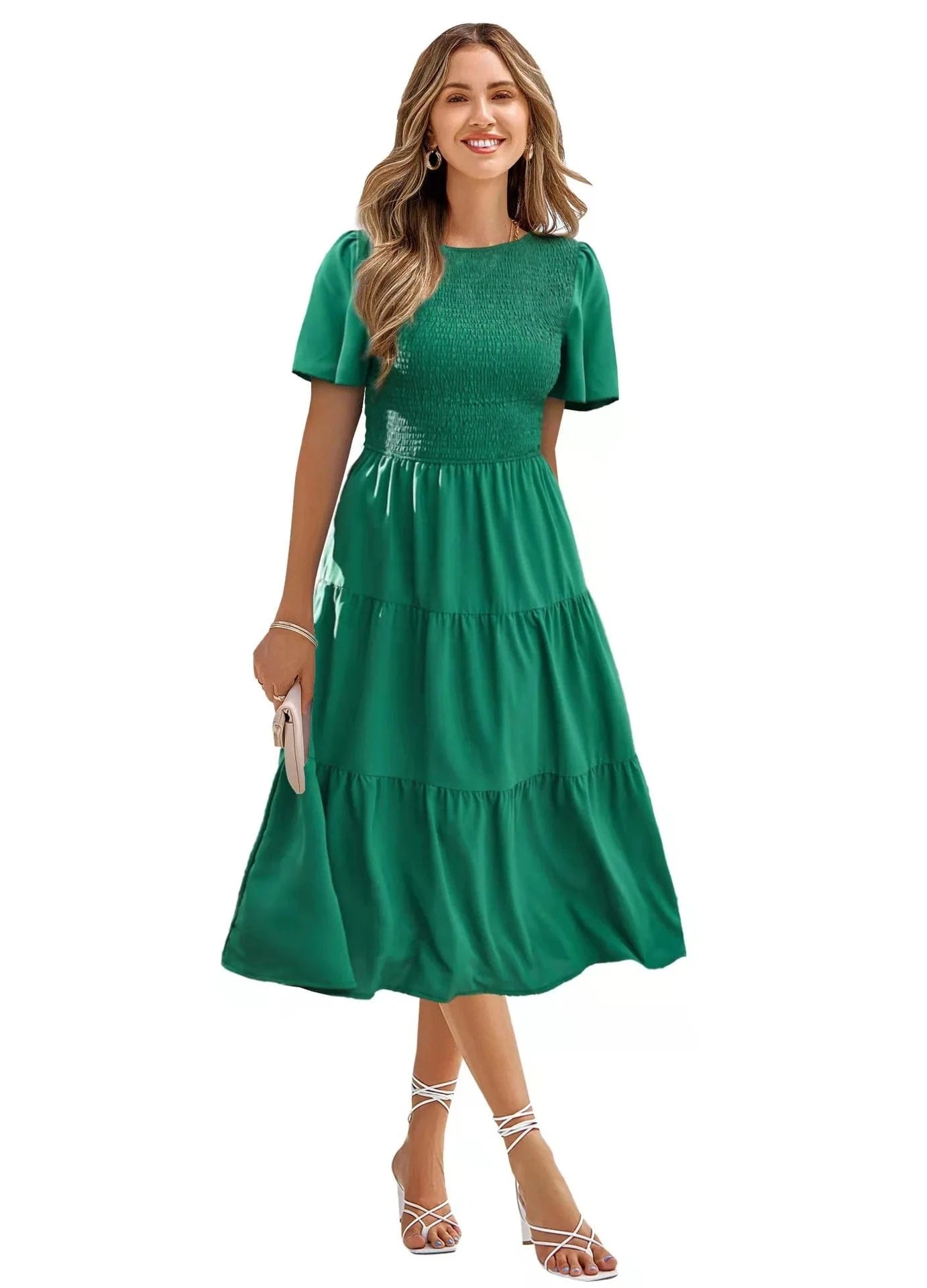 Summer Wholesale Lady Elegant Casual Long Dresses Short Sleeve Round Collar Women's Beach Holiday Dress