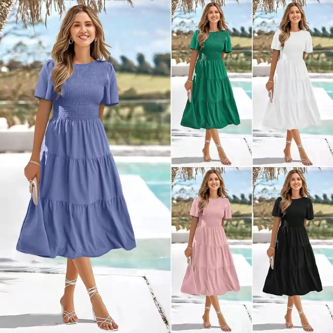 Summer Wholesale Lady Elegant Casual Long Dresses Short Sleeve Round Collar Women's Beach Holiday Dress