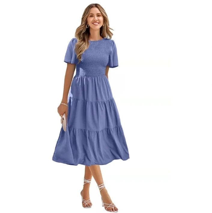 Summer Wholesale Lady Elegant Casual Long Dresses Short Sleeve Round Collar Women's Beach Holiday Dress