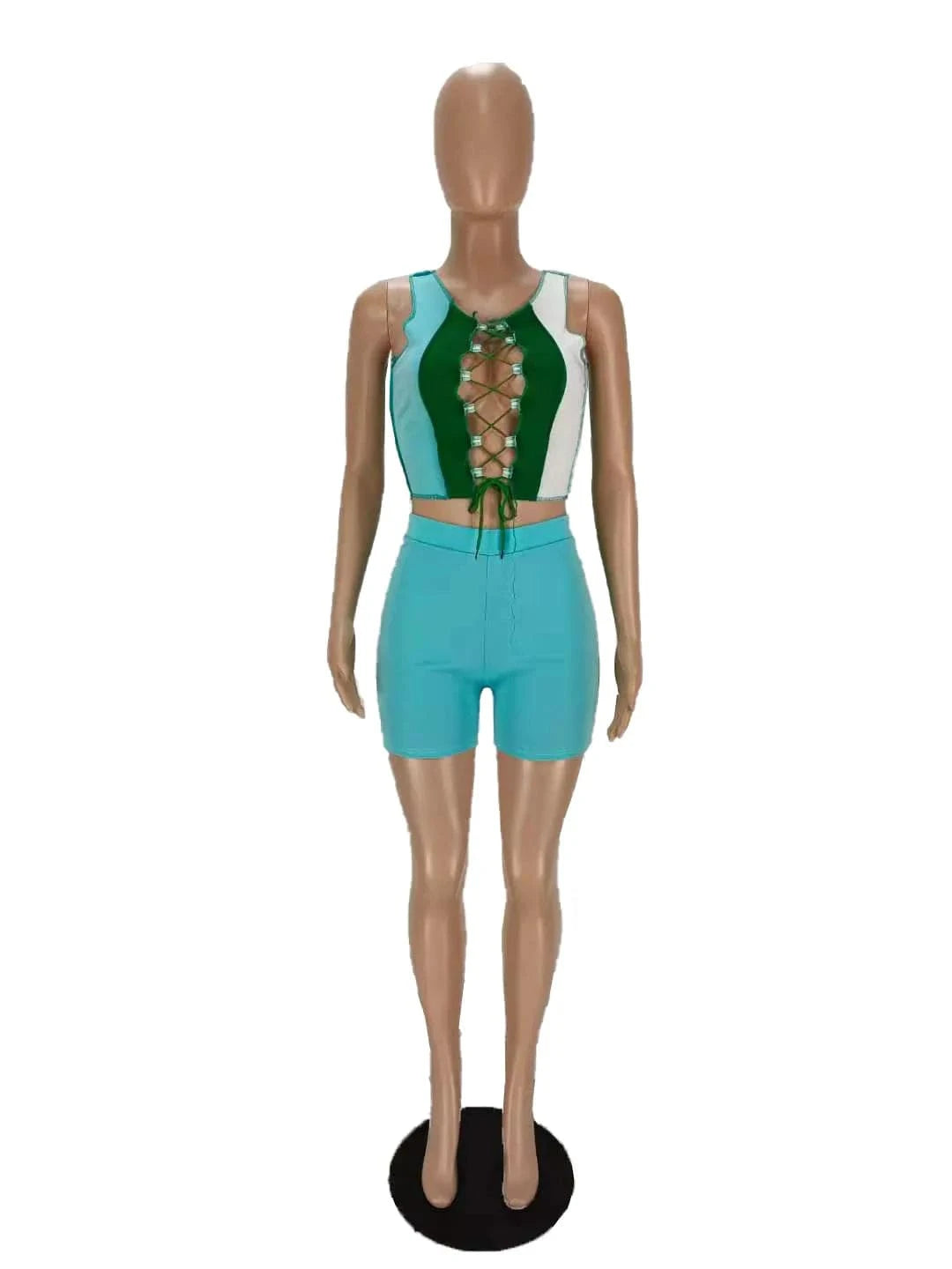 Summer Women Casual Two Piece Short Set Sleeveless Lace Up Crop Top Cut Out Sport Sexy 2 Piece Ladies Outfits