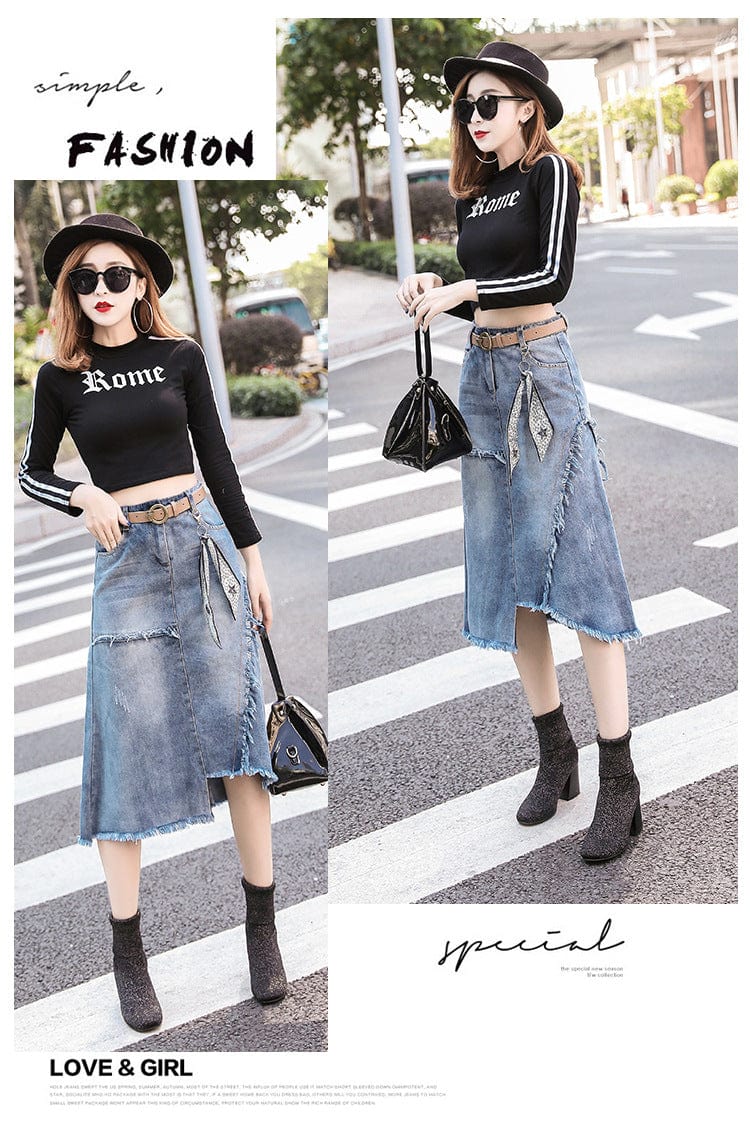 Summer Women Clothing Denim Fabric Destory Washed A-line Jeans Skirts Mid-calf Length High Waist Women Skirts Cowboy Solid Color