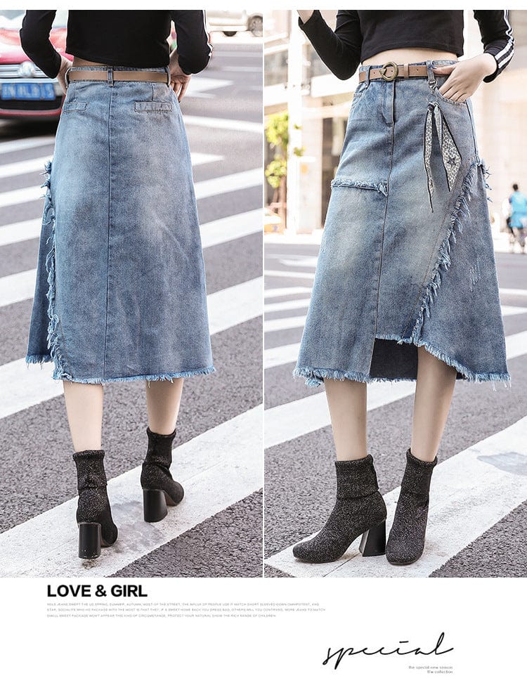 Summer Women Clothing Denim Fabric Destory Washed A-line Jeans Skirts Mid-calf Length High Waist Women Skirts Cowboy Solid Color