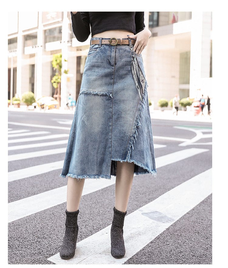 Summer Women Clothing Denim Fabric Destory Washed A-line Jeans Skirts Mid-calf Length High Waist Women Skirts Cowboy Solid Color