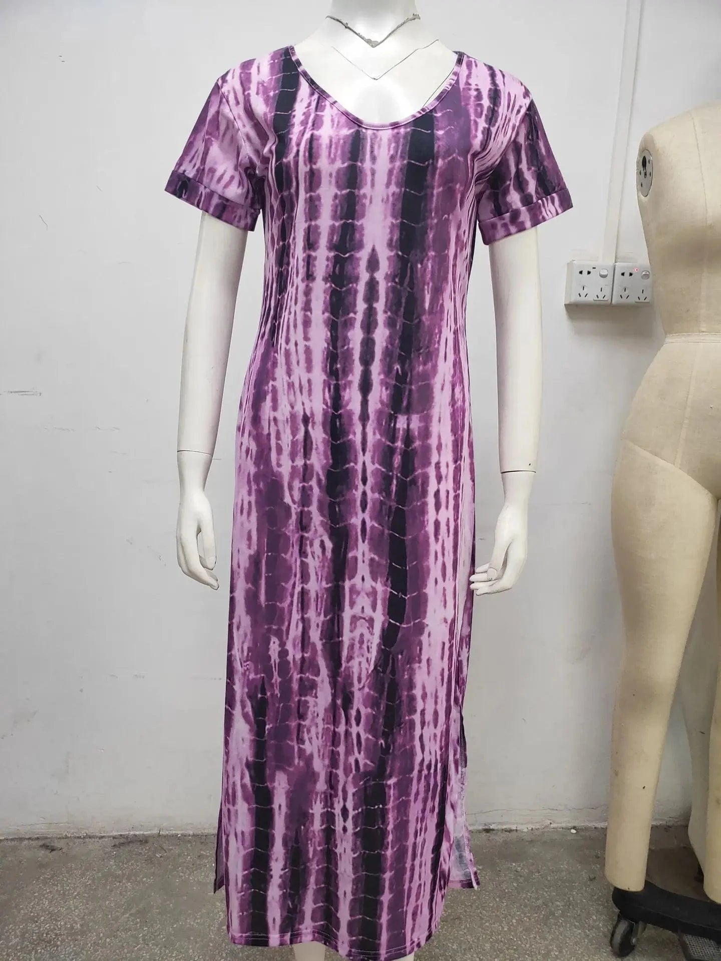 Summer Women Dresses Tie Dye Print Side Split Loose Long Dress Curved Hem V Neck Short Sleeve Maxi Dress EQ1069
