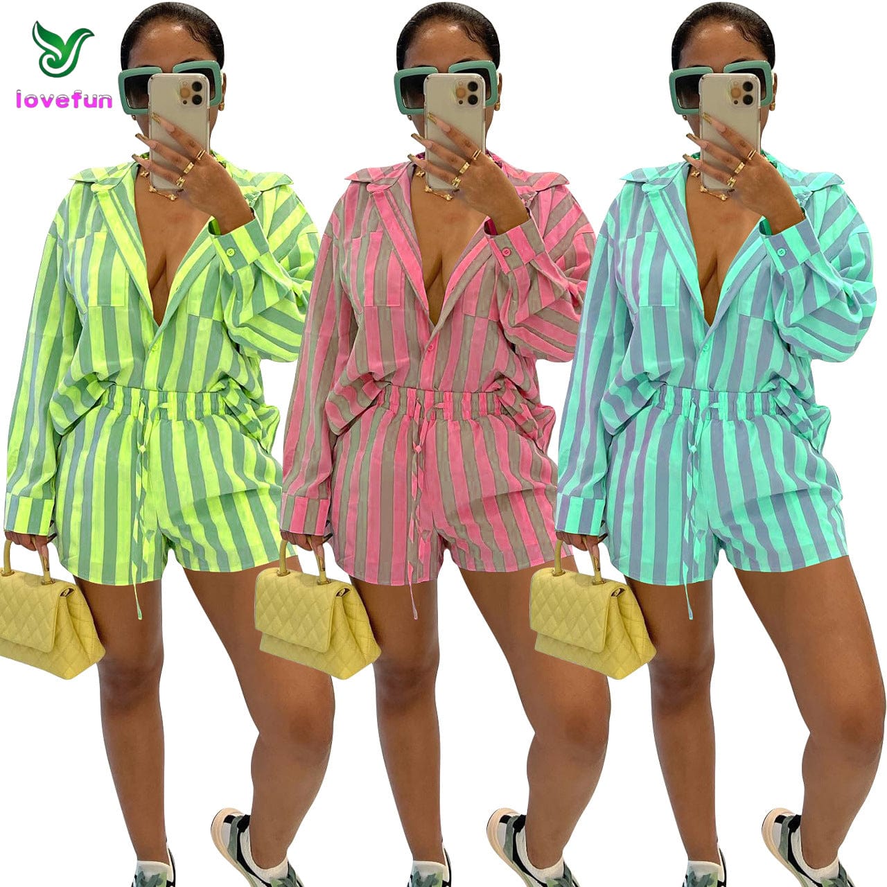 Summer Women's Fashion Nylon Elastic Fabric Stripe Two Piece Set Casual Polo Collar Shirt Set for Women