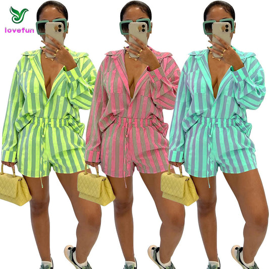 Summer Women's Fashion Nylon Elastic Fabric Stripe Two Piece Set Casual Polo Collar Shirt Set for Women